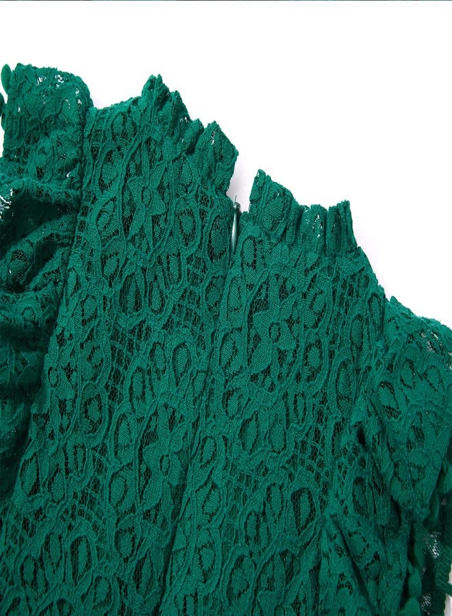 Niyage Toddler Girls Elegant Lace Pom Pom Flutter Sleeve Party Princess Dress Dark Green 140 - Image 4